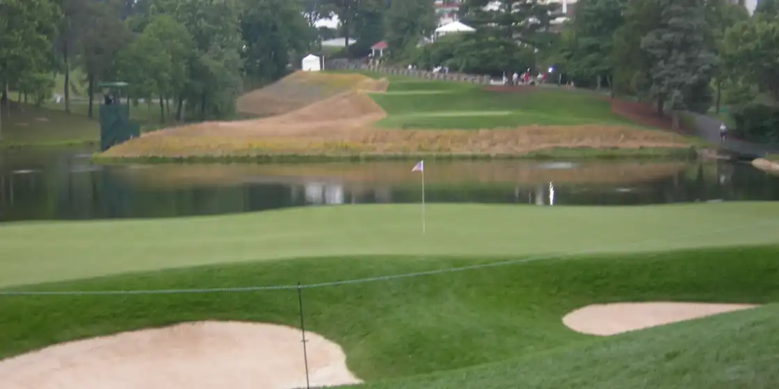 The 10th green on the Blue Course at Congressional Country Club, with the pond it plays across