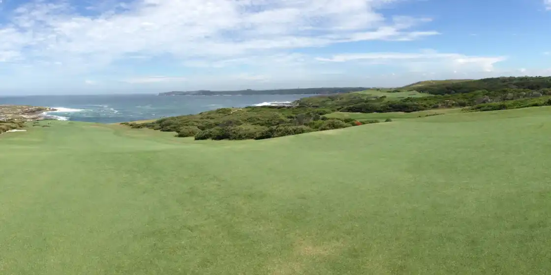 This panorama is taken from the fairway of the fifth hole. In the distance is the fifth green, th...