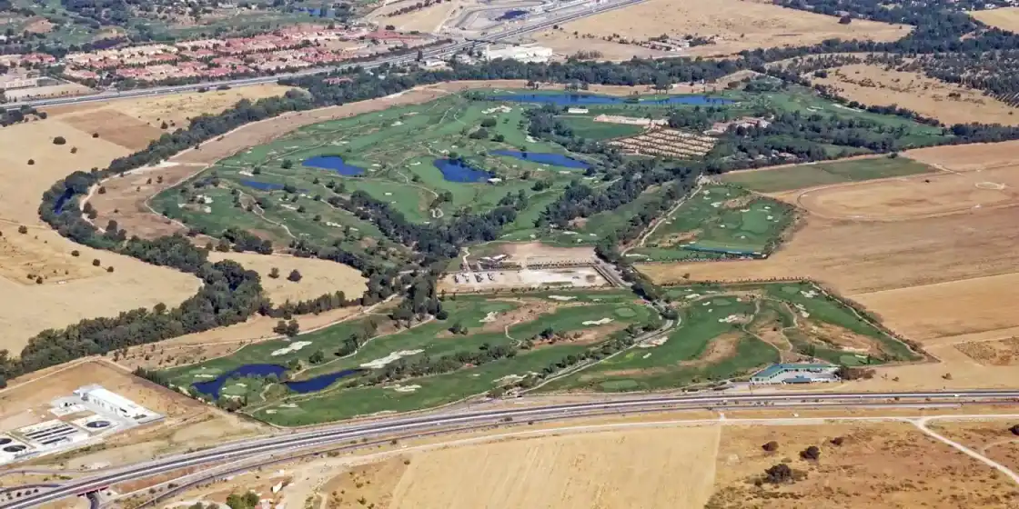 Aerial view of Real Club La Moraleja's courses, lakes and fairways north of Madrid