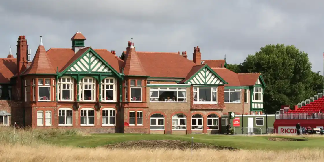 The 18th green and red-brick clubhouse at Royal Lytham & St Annes