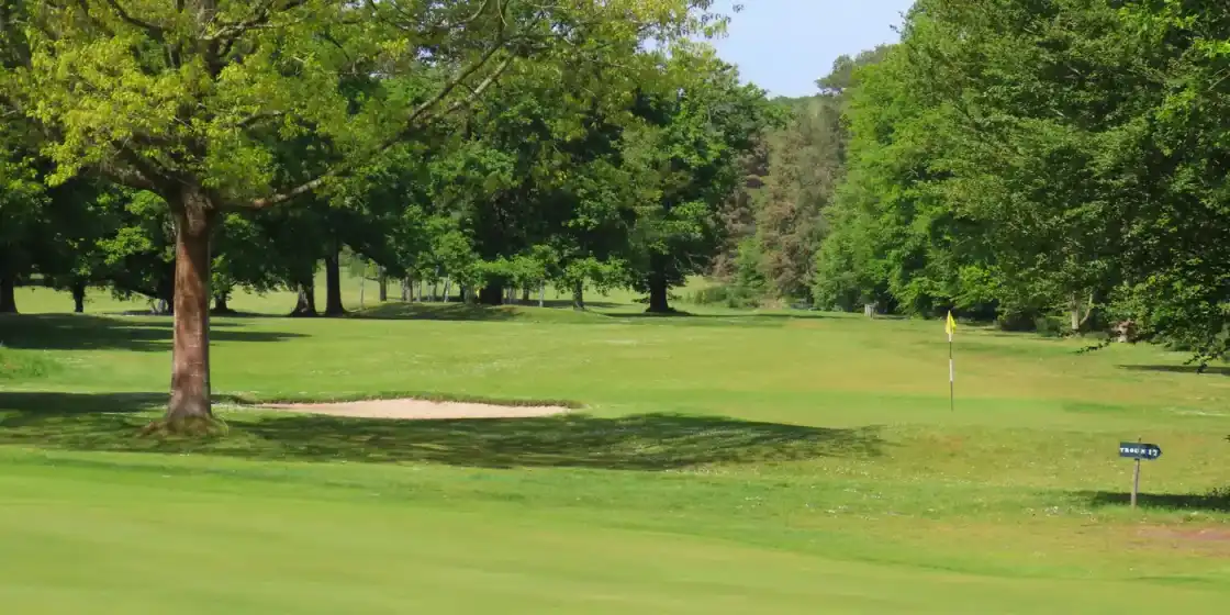 The 17th green at Golf de Saint-Germain, with a bunker under mature oaks