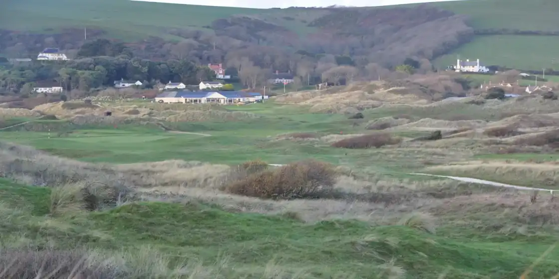 Saunton's links running through the dunes toward the clubhouse in North Devon