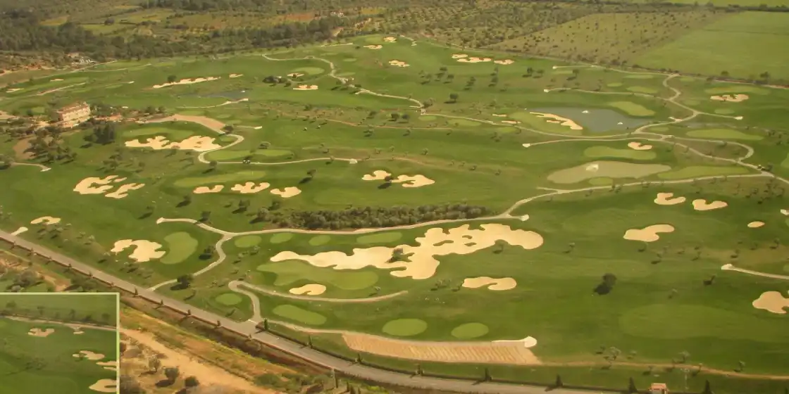 Aerial view of Son Gual Golf near Palma, Mallorca, with its large bunkers and olive trees