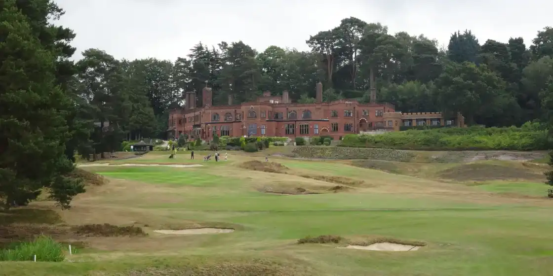 Heathland fairways and bunkers below the clubhouse at St George's Hill