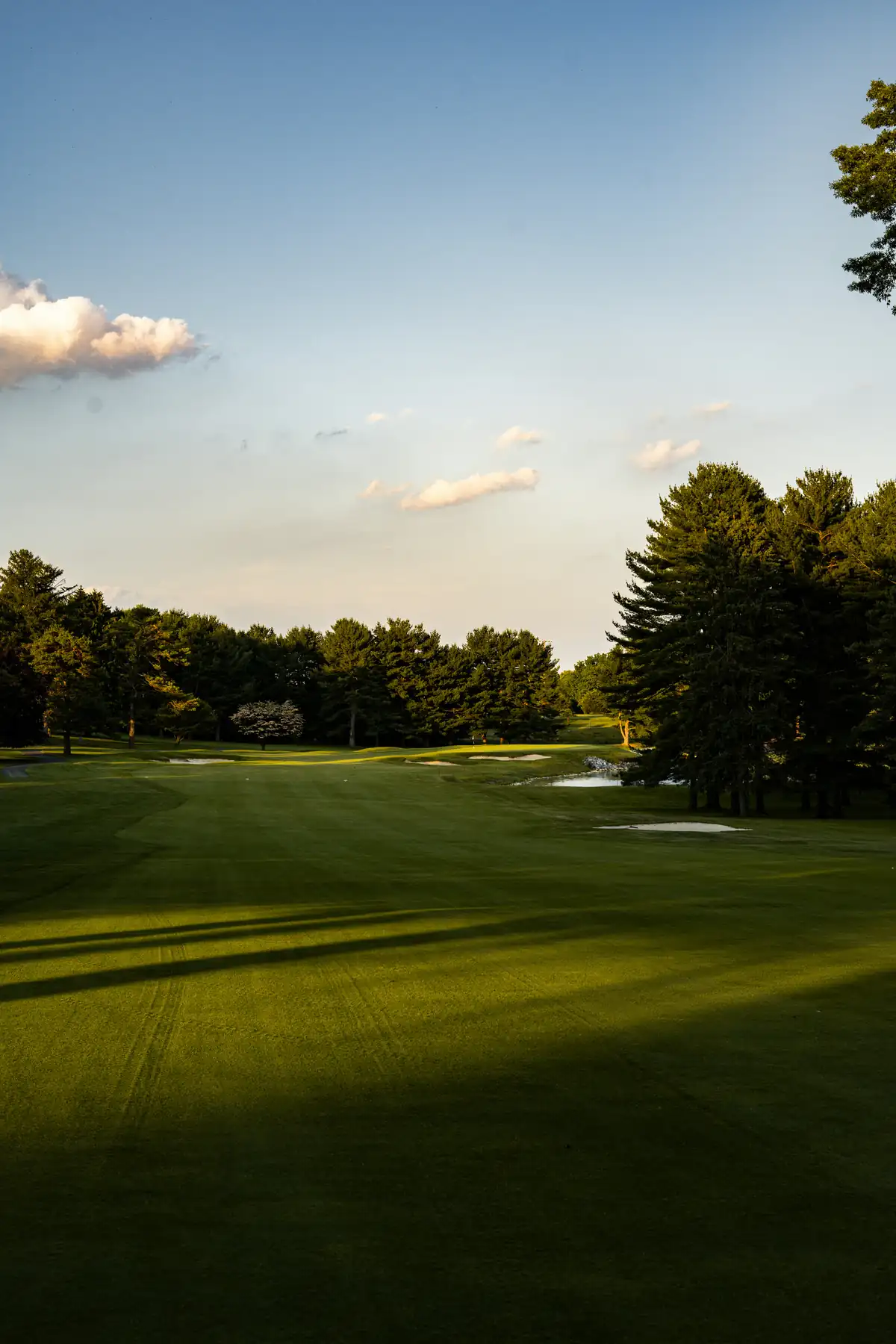 Sunlit fairway leading to a bunkered green at a public golf course